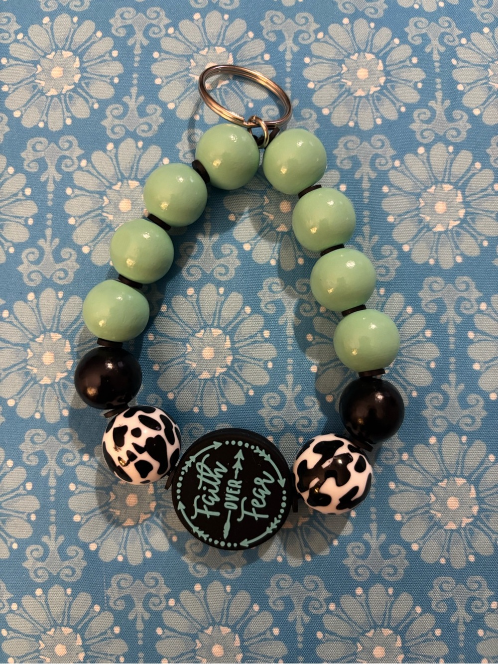 Mint Green Beaded Keychain with Black & White Accent Beads
